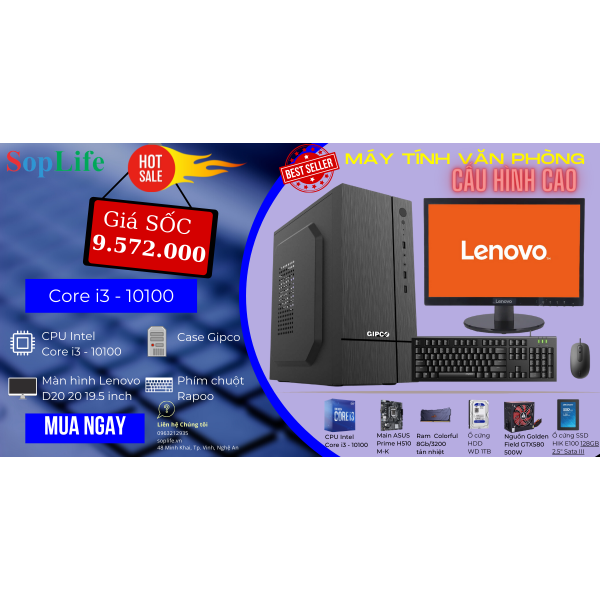 Bộ máy tính lắp ráp (CPU Intel Core i3-10100, Mainboard Asus H510M-K, RAM DDR4 Colorful 8gb/3200, SSD Hikvison 128GB, HDD WD 1TB, Vỏ Case Gipco, Nguồn Golden Field 580 500w, Phím Chuột Rapoo, Màn hình Lenovo D20)